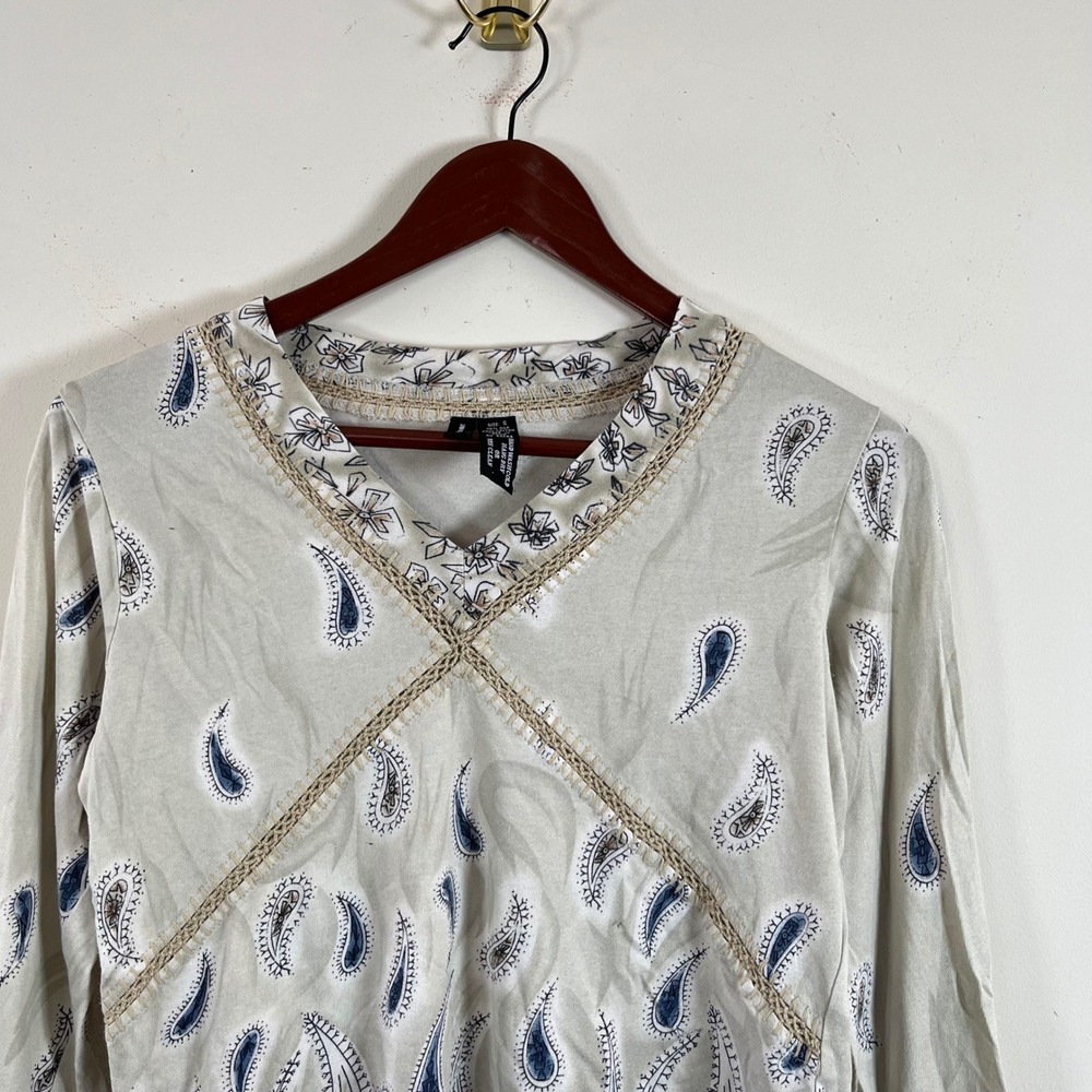 Y2K Lynn Ritchie Long Sleeve Top Paisley  Cotton Silk Exposed Stitching Sm Boho - Picture 5 of 8